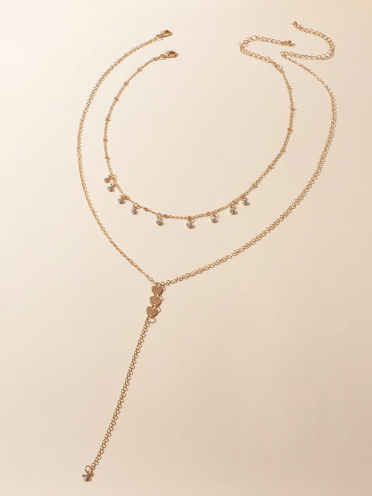 2pcs Designer Jewellery Rhinestone Charm Necklace Heart Y shape Pendant Necklace-1