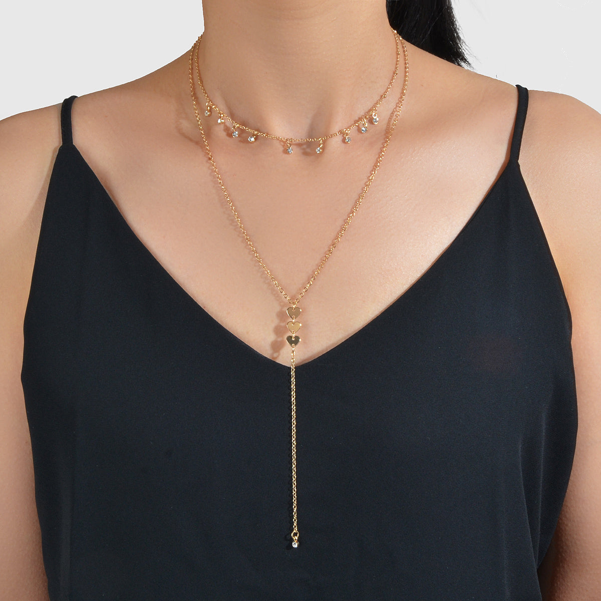 2pcs Designer Jewellery Rhinestone Charm Necklace Heart Y shape Pendant Necklace-0